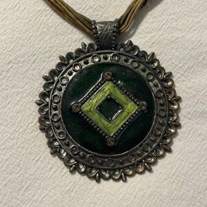Boho Whimsigoth Choker Green & Bronze Pendant Necklace Statement Jewelry